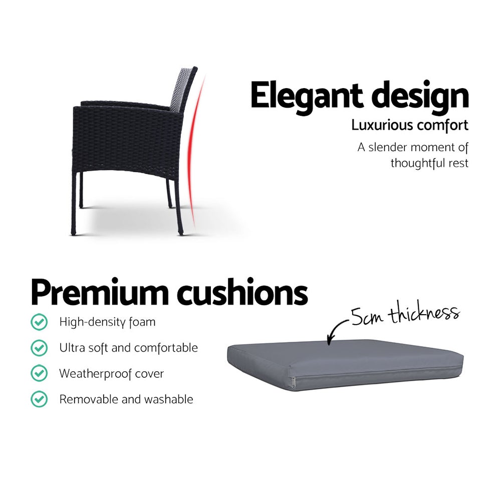 Gardeon Outdoor Bistro Set featuring two wicker chairs and a glass-top table, perfect for patio dining and relaxation.