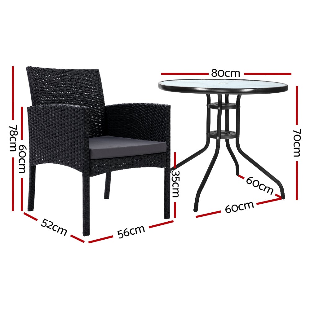 Gardeon Outdoor Bistro Set featuring two wicker chairs and a glass-top table, perfect for patio dining and relaxation.