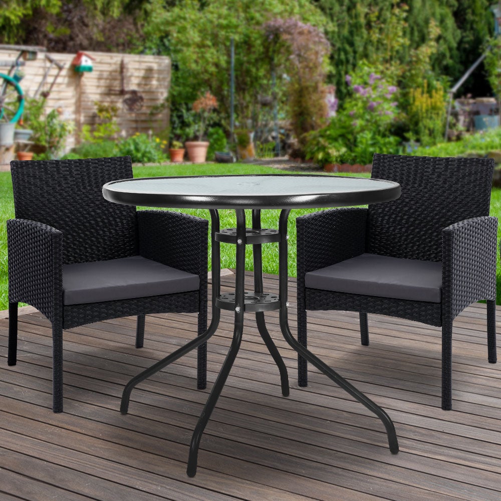 Gardeon Outdoor Bistro Set featuring two wicker chairs and a glass-top table, perfect for patio dining and relaxation.
