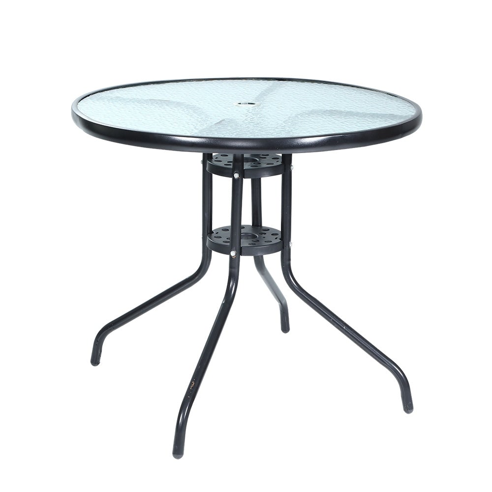 Gardeon Outdoor Dining Table Bar Setting featuring a steel frame and tempered glass top, perfect for outdoor dining.