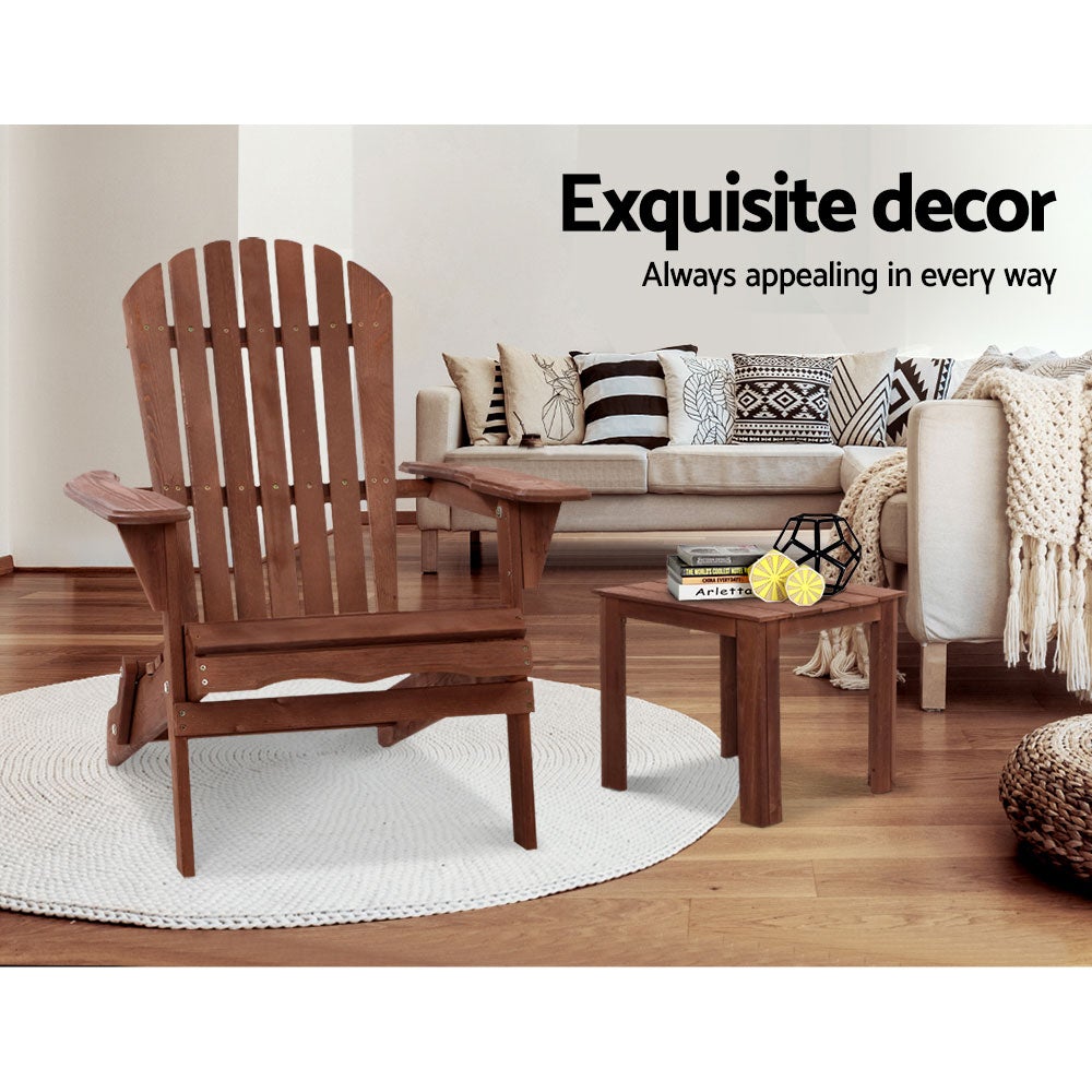 Gardeon Outdoor Folding Beach Camping Chairs Table Set featuring a classic Adirondack chair and matching side table in brown Canadian fir wood.