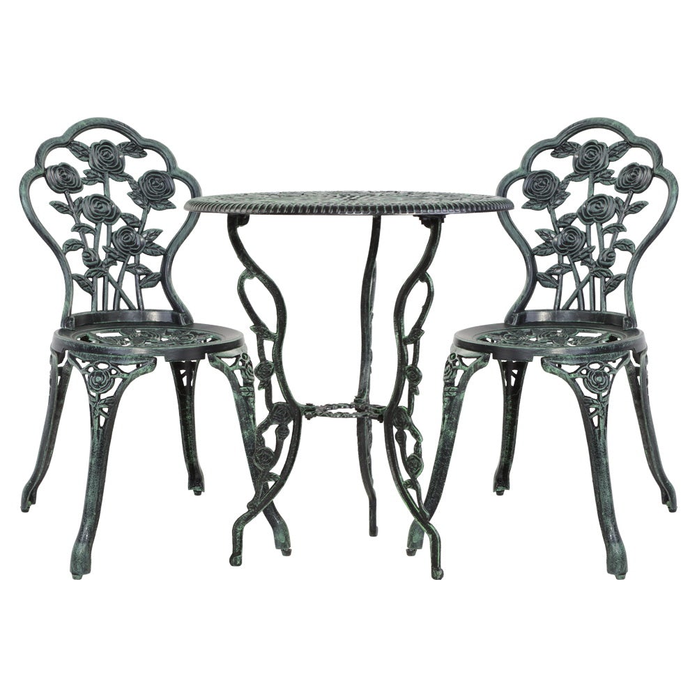 Gardeon 3-piece outdoor bistro set featuring a round table and two chairs with elegant floral motifs, made of rust-resistant cast aluminium.