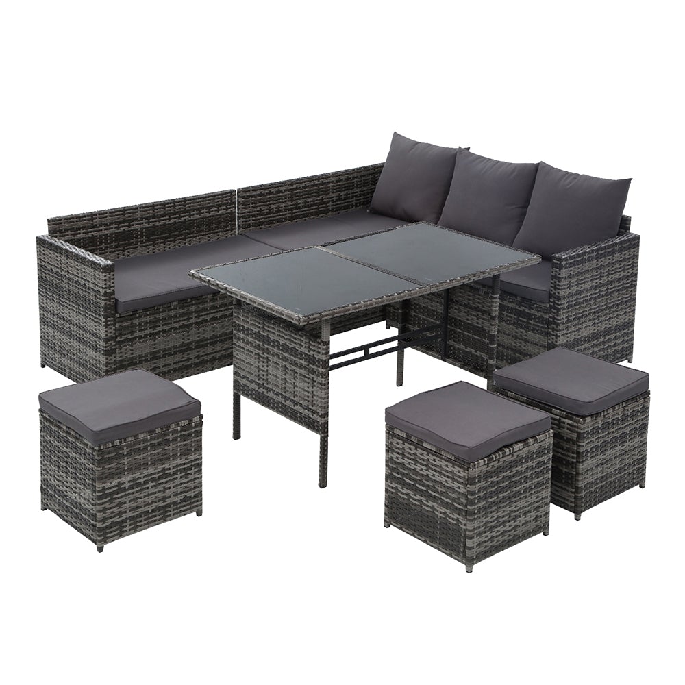 Gardeon Outdoor Furniture Dining Setting Sofa Set featuring a 9-seater arrangement with stylish PE wicker finish and comfortable cushions in a garden setting.