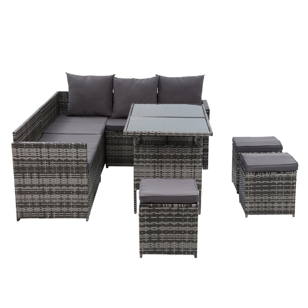 Gardeon Outdoor Furniture Dining Setting Sofa Set featuring a 9-seater arrangement with stylish PE wicker finish and comfortable cushions in a garden setting.