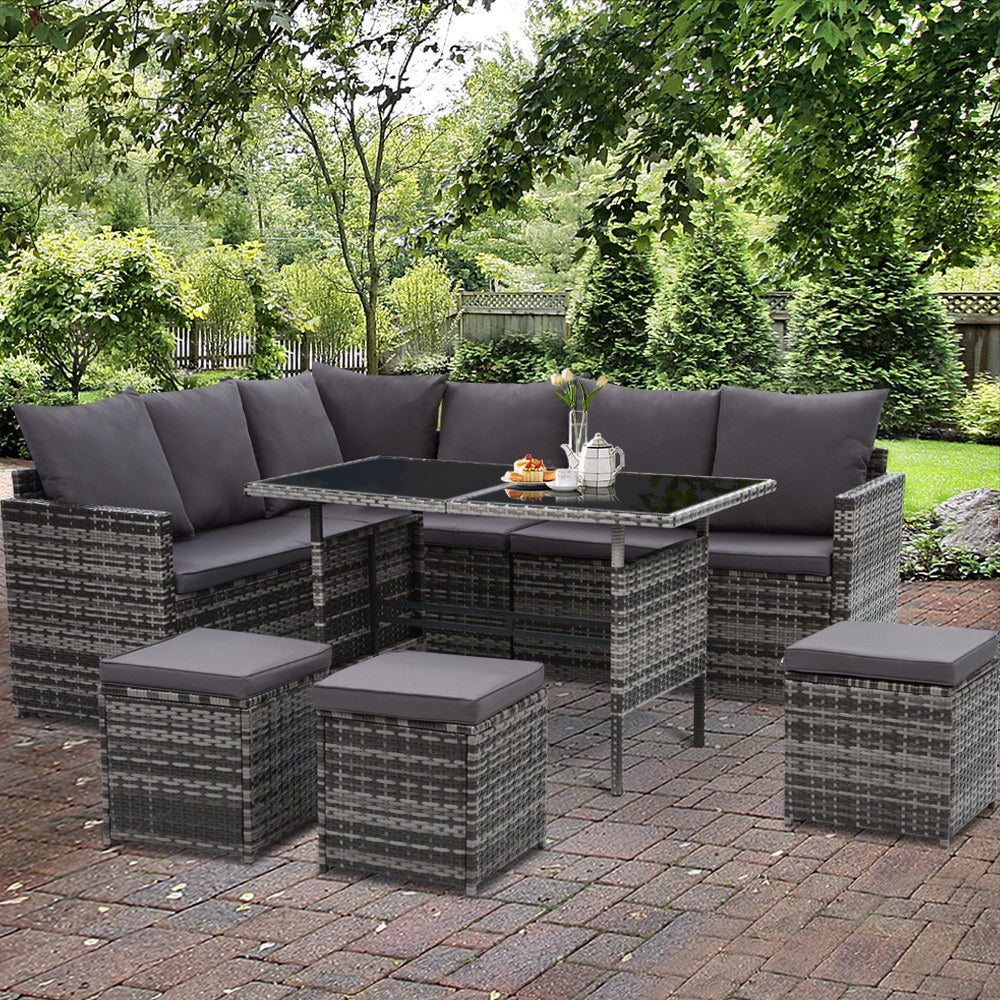 Gardeon Outdoor Furniture Dining Setting Sofa Set featuring a 9-seater arrangement with stylish PE wicker finish and comfortable cushions in a garden setting.