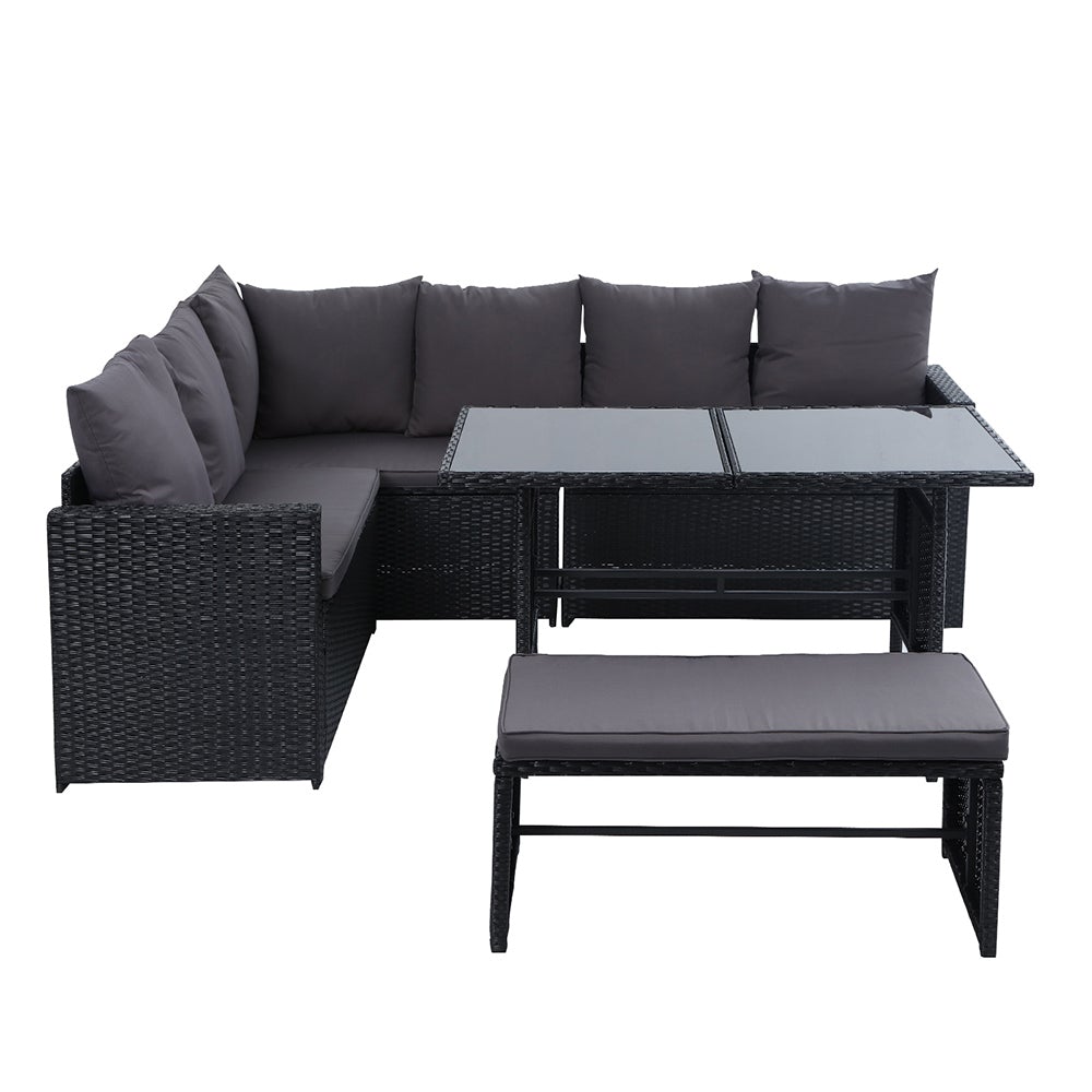 Gardeon Outdoor Furniture Dining Setting Sofa Set featuring a stylish wicker design with cushions, perfect for outdoor gatherings.