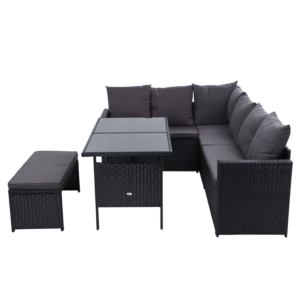 Gardeon Outdoor Furniture Dining Setting Sofa Set featuring a stylish wicker design with cushions, perfect for outdoor gatherings.