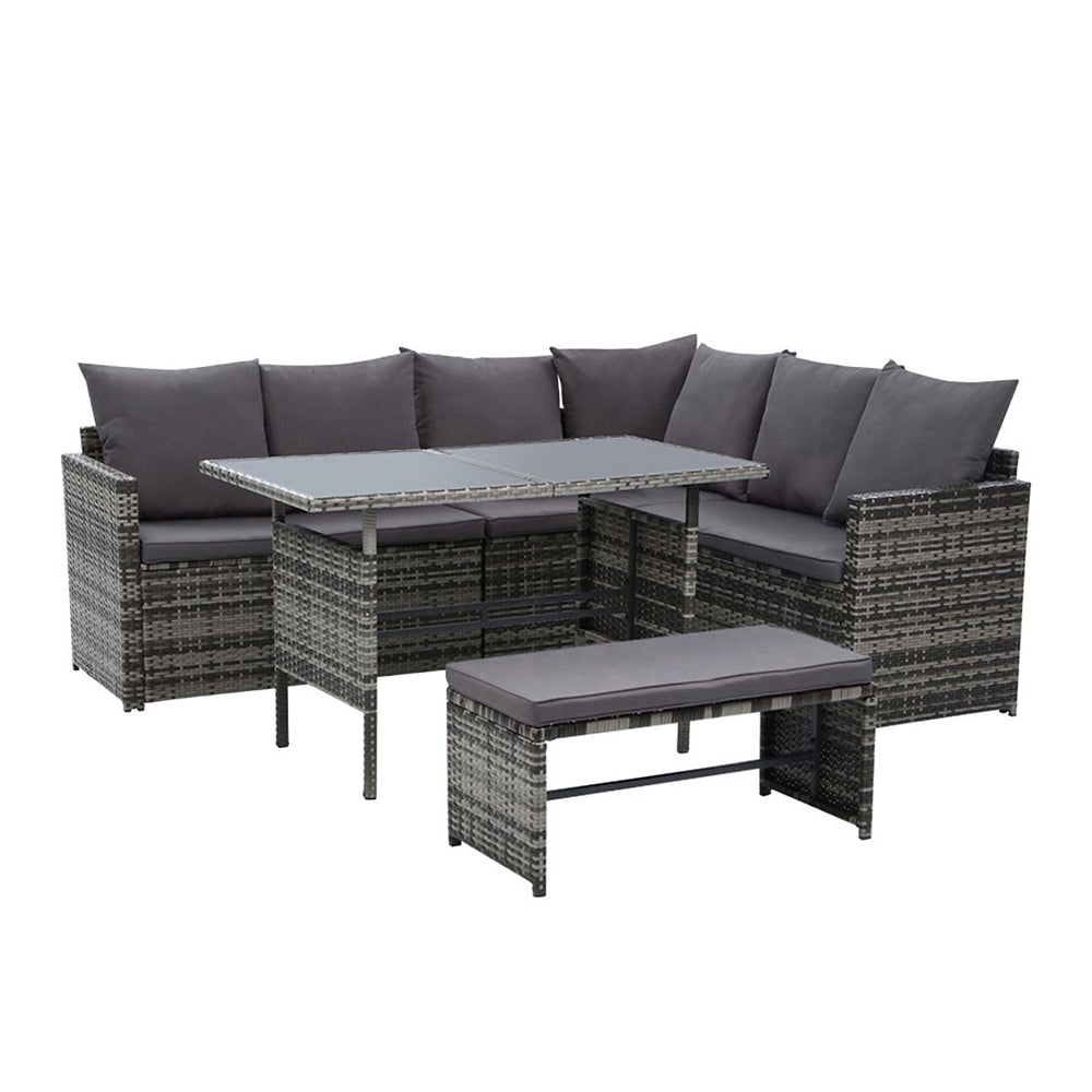 Gardeon Outdoor Furniture Dining Setting Sofa Set featuring a stylish wicker design with cushions, perfect for outdoor gatherings.