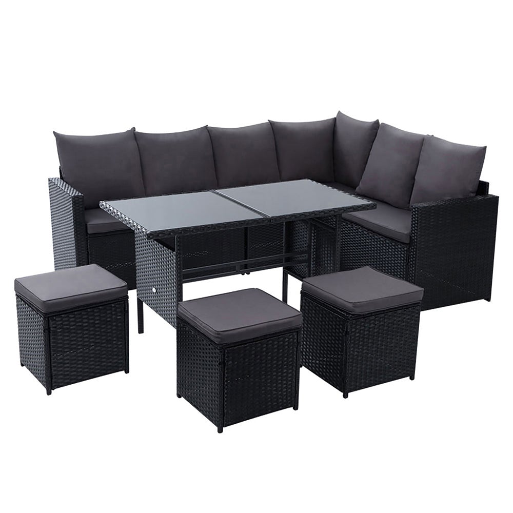 Gardeon Outdoor Furniture Dining Setting Sofa Set featuring a 9-seater arrangement with stylish black wicker and dark grey cushions.