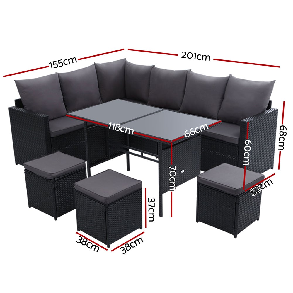 Gardeon Outdoor Furniture Dining Setting Sofa Set featuring a 9-seater arrangement with stylish black wicker and dark grey cushions.
