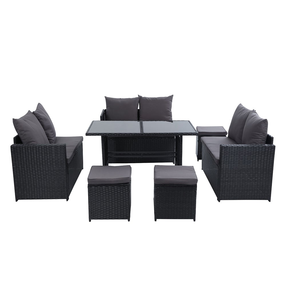 Gardeon Outdoor Furniture Dining Setting Sofa Set featuring a 9-seater arrangement with stylish black wicker and dark grey cushions.
