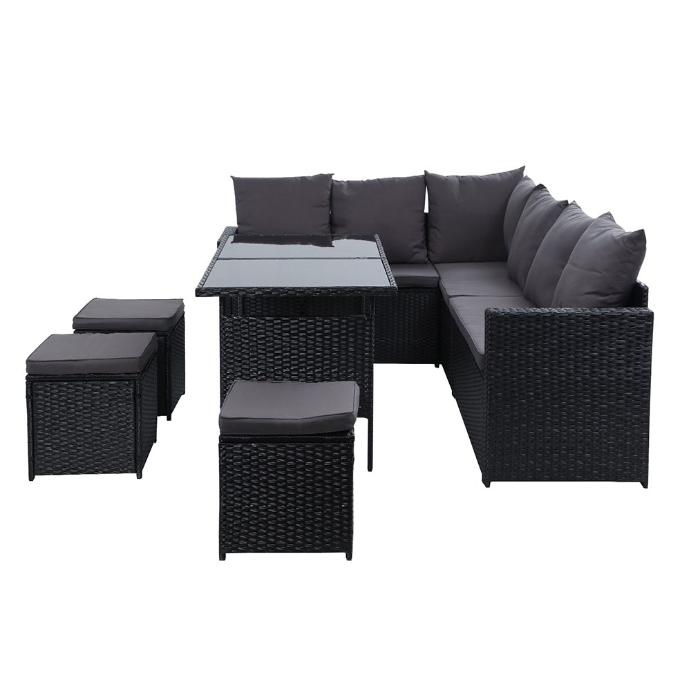 Gardeon Outdoor Furniture Dining Setting Sofa Set featuring a 9-seater arrangement with stylish black wicker and dark grey cushions.