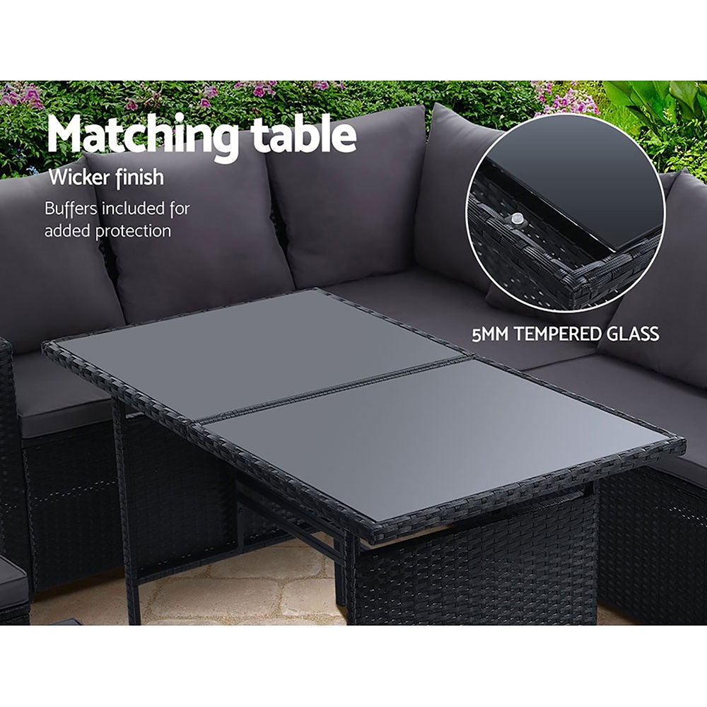 Gardeon Outdoor Furniture Dining Setting Sofa Set featuring a 9-seater arrangement with stylish black wicker and dark grey cushions.