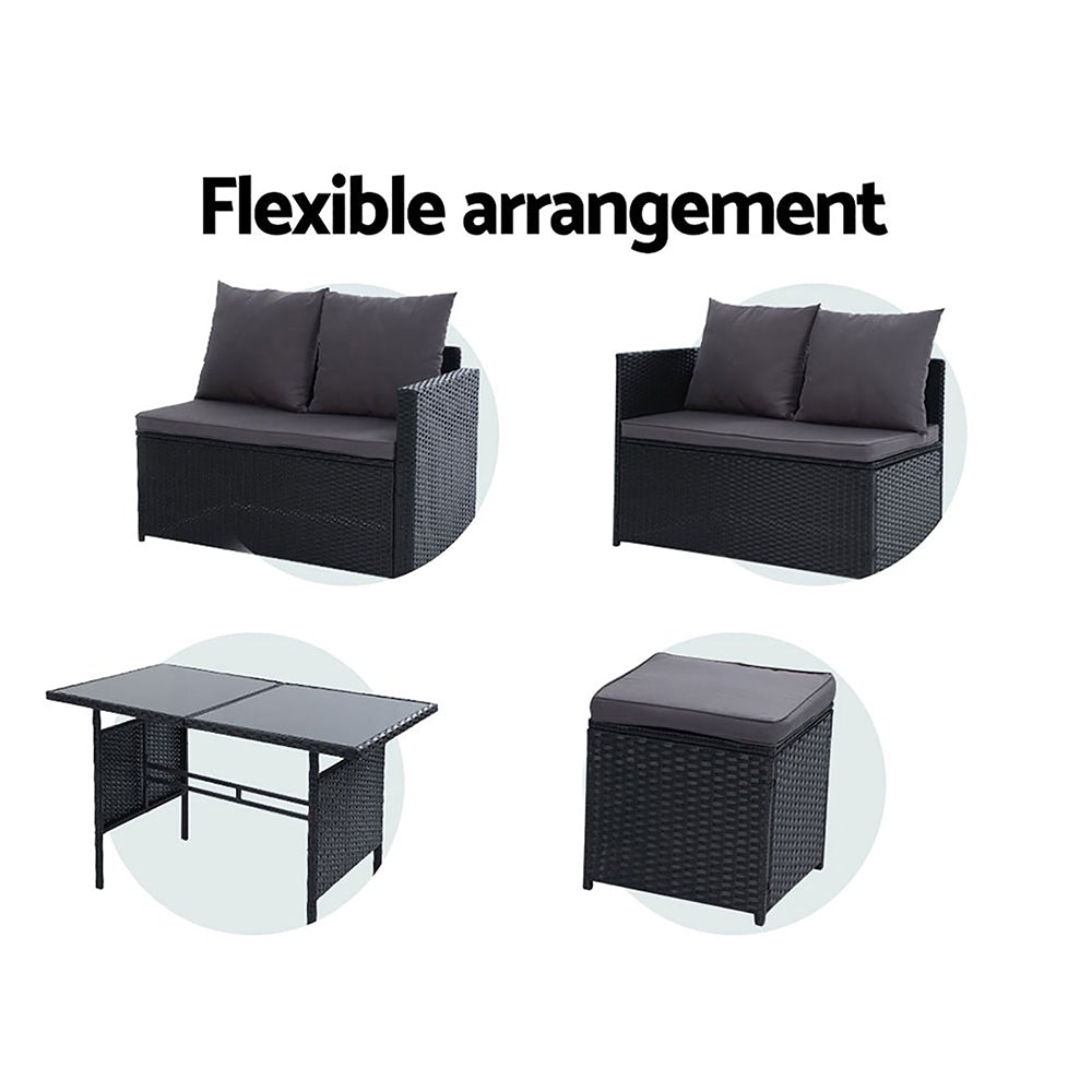 Gardeon Outdoor Furniture Dining Setting Sofa Set featuring a 9-seater arrangement with stylish black wicker and dark grey cushions.
