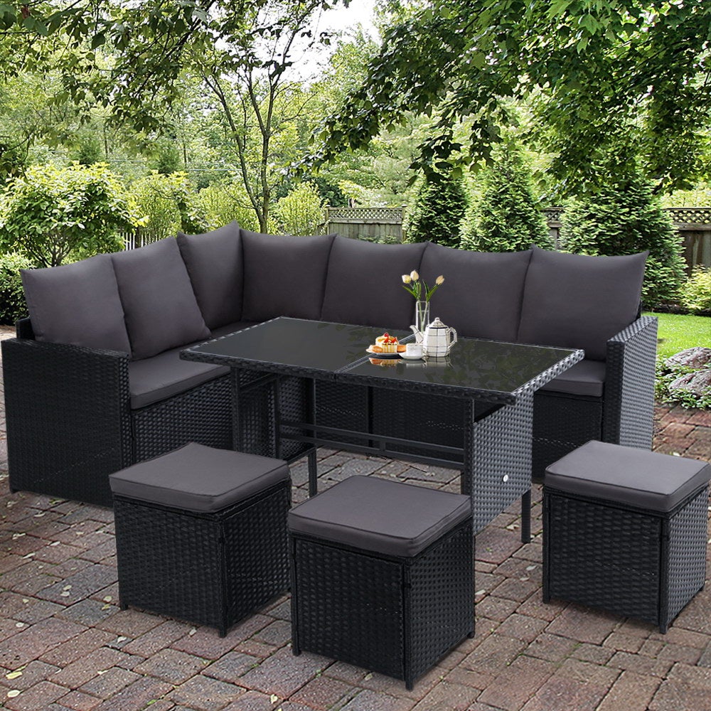 Gardeon Outdoor Furniture Dining Setting Sofa Set featuring a 9-seater arrangement with stylish black wicker and dark grey cushions.