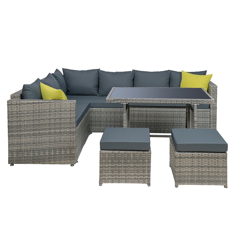 Gardeon Outdoor Furniture Patio Set featuring a stylish sofa, table, and lounge chairs in a garden setting, showcasing its modern design and comfort.