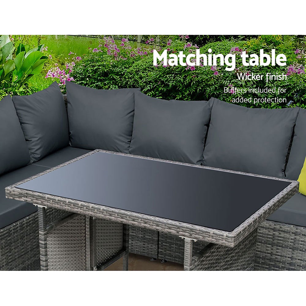 Gardeon Outdoor Furniture Patio Set featuring a stylish sofa, table, and lounge chairs in a garden setting, showcasing its modern design and comfort.