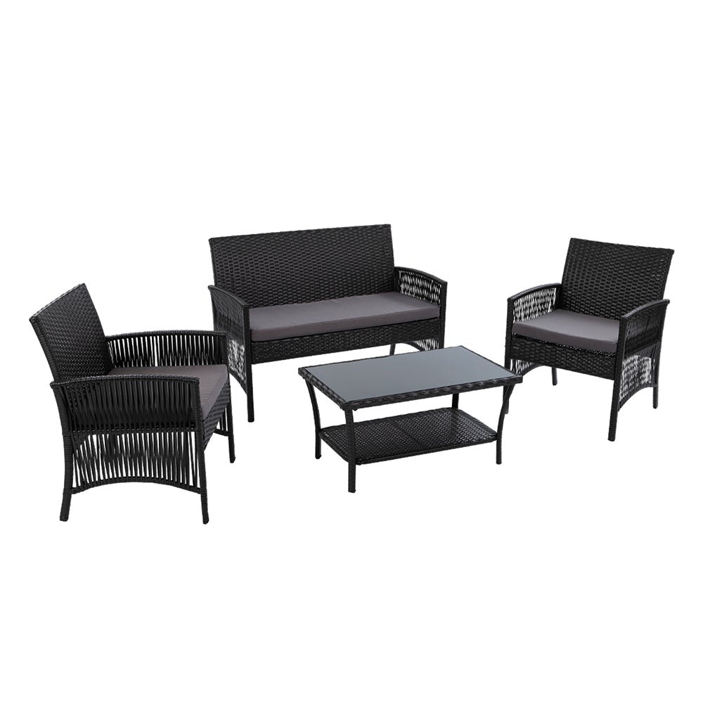 Gardeon Outdoor Furniture Set featuring black wicker and soft cushions, including a double seat chair, two single armchairs, and a coffee table.