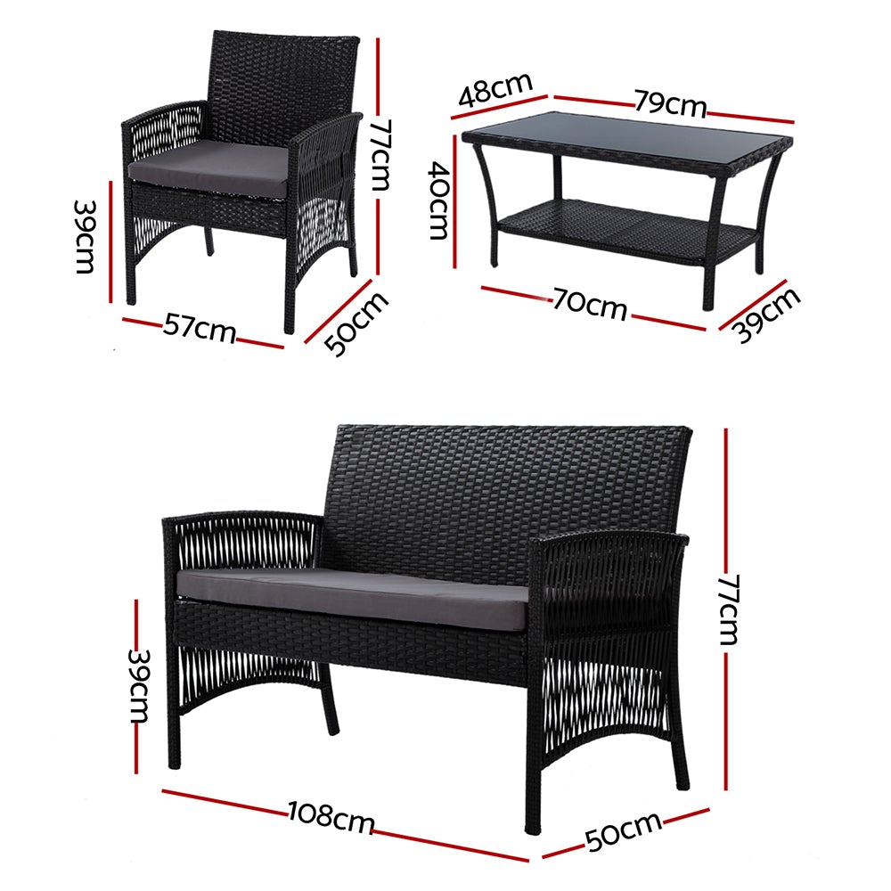 Gardeon Outdoor Furniture Set featuring black wicker and soft cushions, including a double seat chair, two single armchairs, and a coffee table.