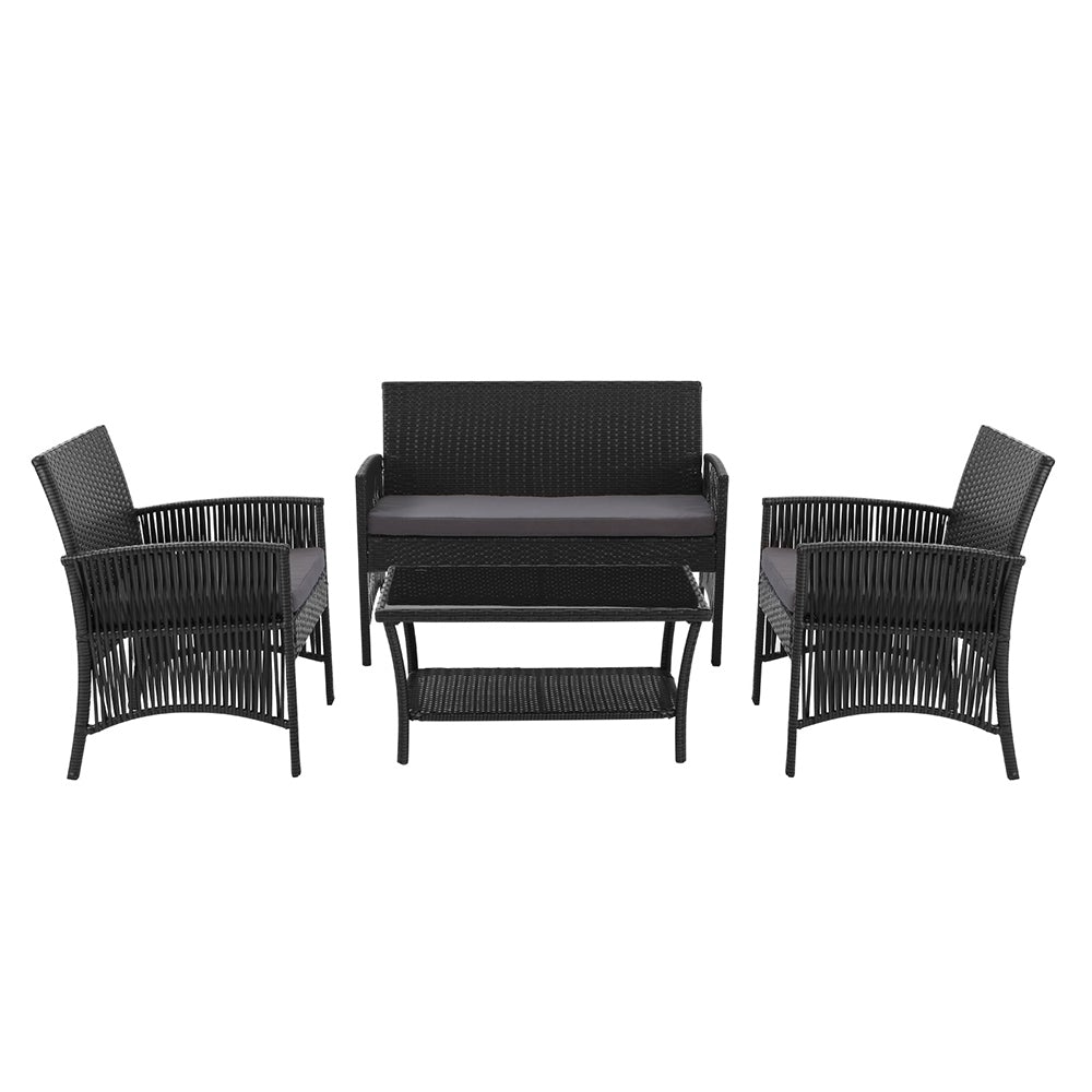 Gardeon Outdoor Furniture Set featuring black wicker and soft cushions, including a double seat chair, two single armchairs, and a coffee table.