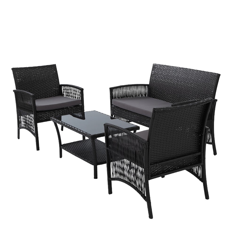 Gardeon Outdoor Furniture Set featuring black wicker and soft cushions, including a double seat chair, two single armchairs, and a coffee table.
