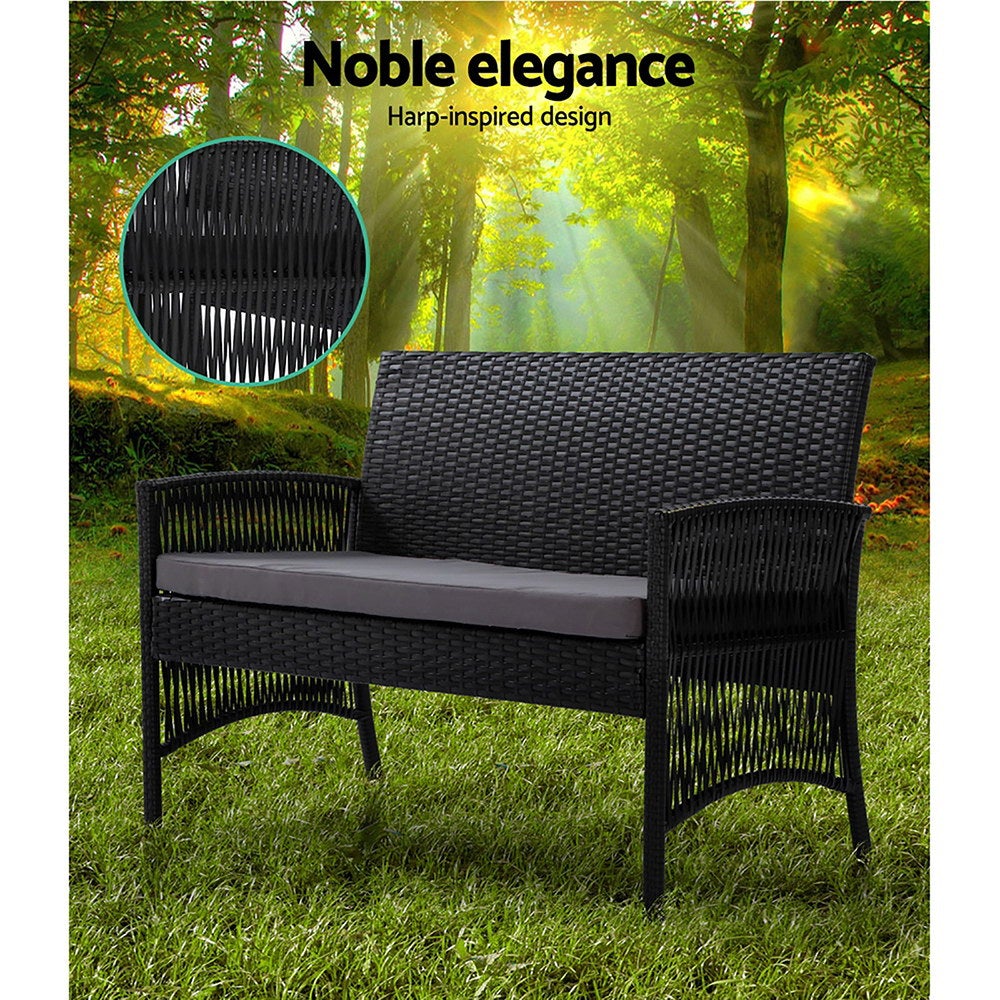 Gardeon Outdoor Furniture Set featuring black wicker and soft cushions, including a double seat chair, two single armchairs, and a coffee table.