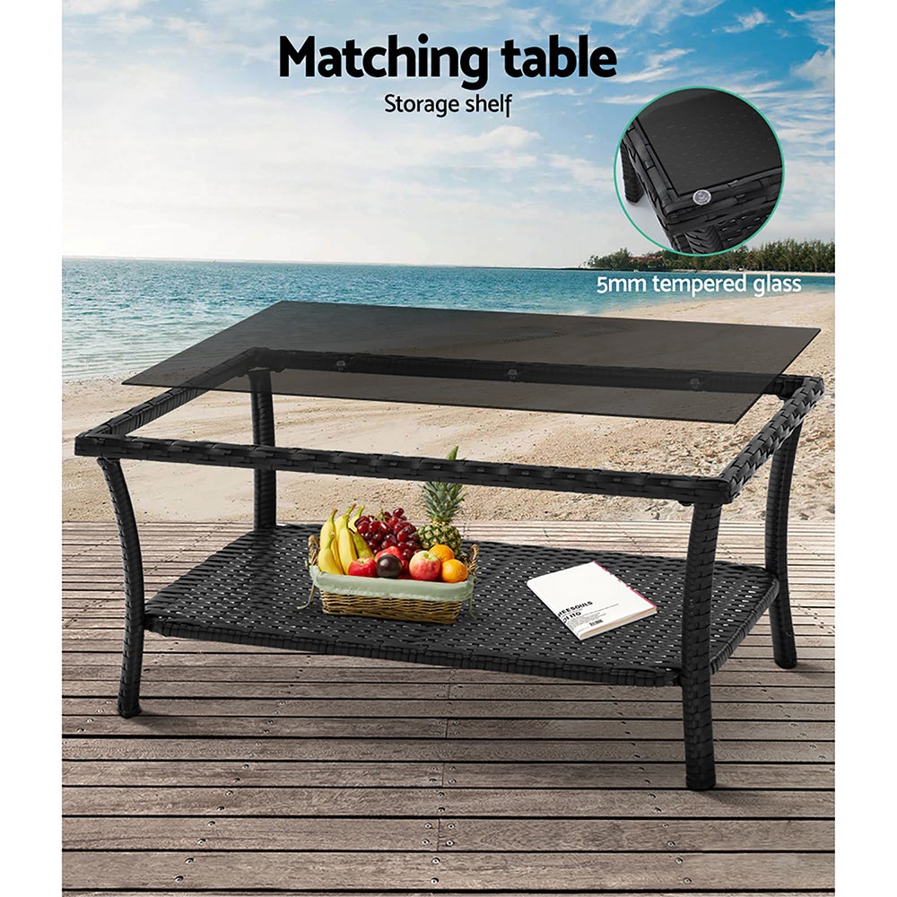 Gardeon Outdoor Furniture Set featuring black wicker and soft cushions, including a double seat chair, two single armchairs, and a coffee table.