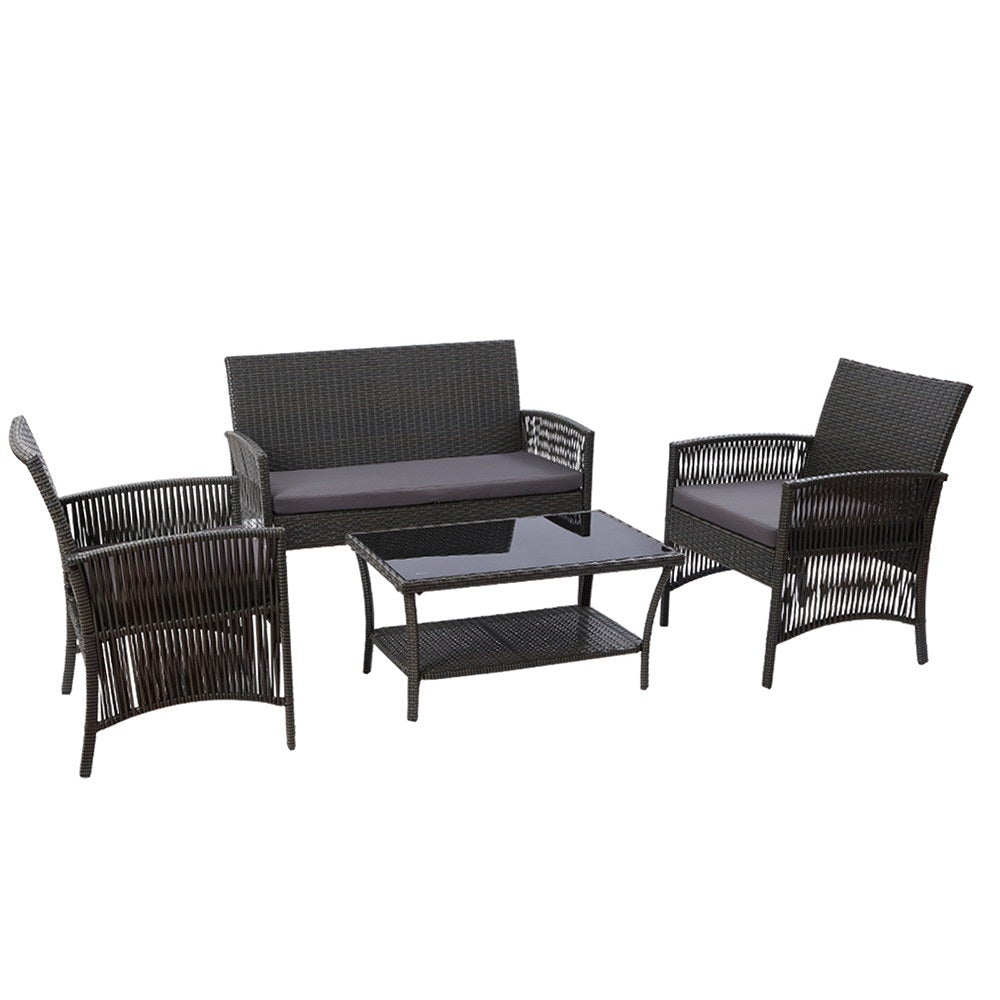 Gardeon Outdoor Furniture Set featuring dark grey wicker and plush cushions, including a coffee table with tempered glass top.