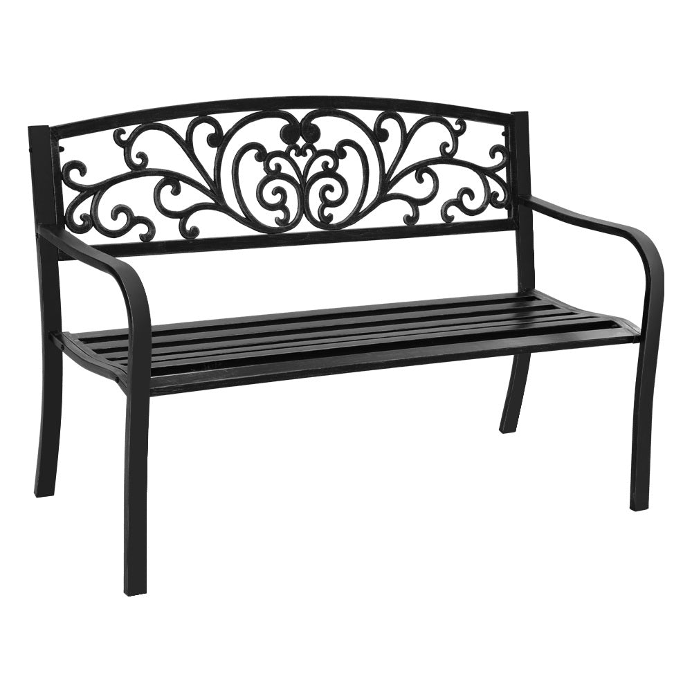 Gardeon Outdoor Garden Bench in Black with Victorian-inspired design and floral-patterned backrest, set in a garden.