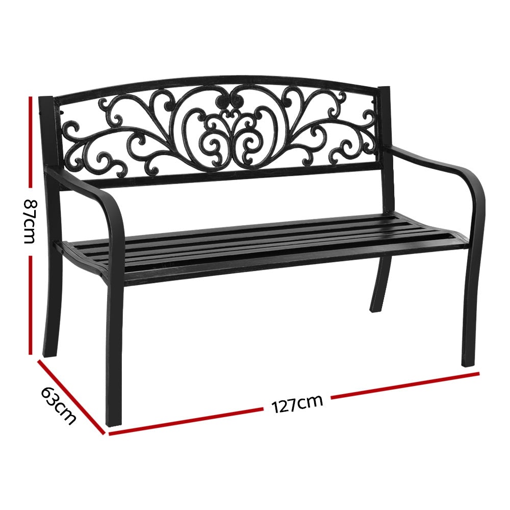 Gardeon Outdoor Garden Bench in Black with Victorian-inspired design and floral-patterned backrest, set in a garden.