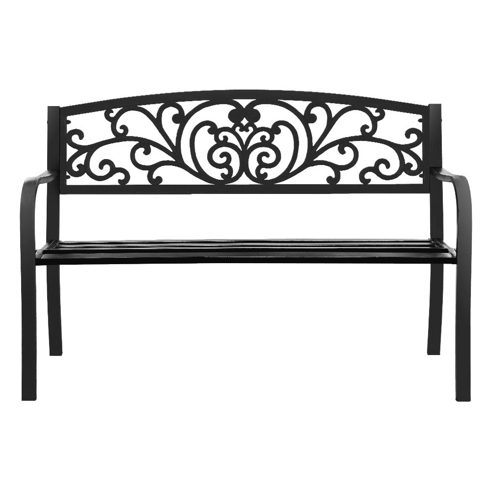 Gardeon Outdoor Garden Bench in Black with Victorian-inspired design and floral-patterned backrest, set in a garden.