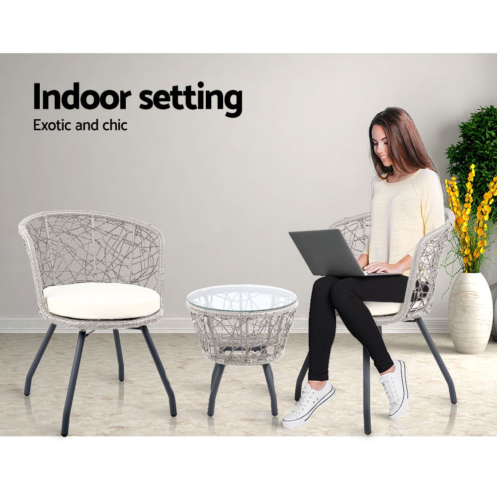 Gardeon Outdoor Patio Chair and Table set in Grey with high-density foam cushions and tempered glass top, perfect for outdoor relaxation.