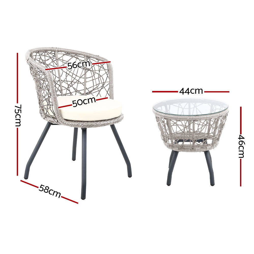 Gardeon Outdoor Patio Chair and Table set in Grey with high-density foam cushions and tempered glass top, perfect for outdoor relaxation.