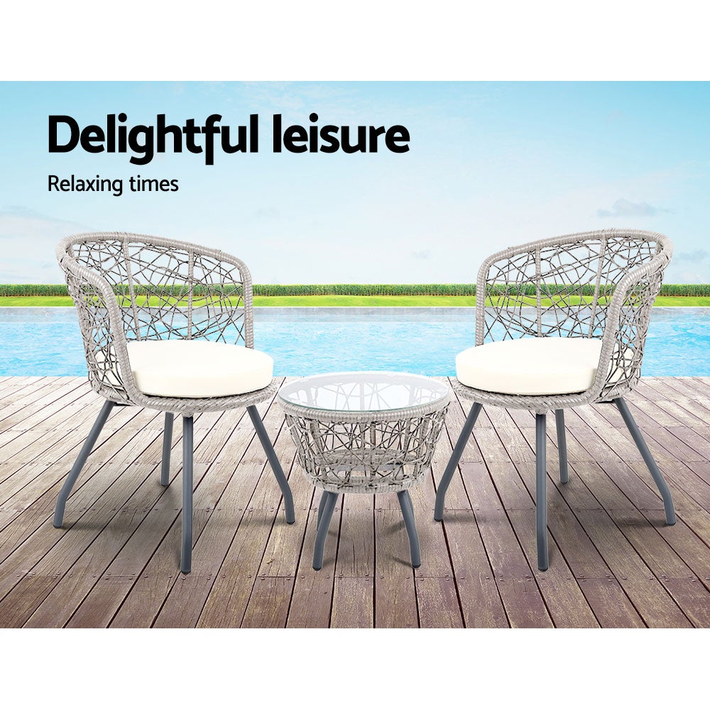 Gardeon Outdoor Patio Chair and Table set in Grey with high-density foam cushions and tempered glass top, perfect for outdoor relaxation.