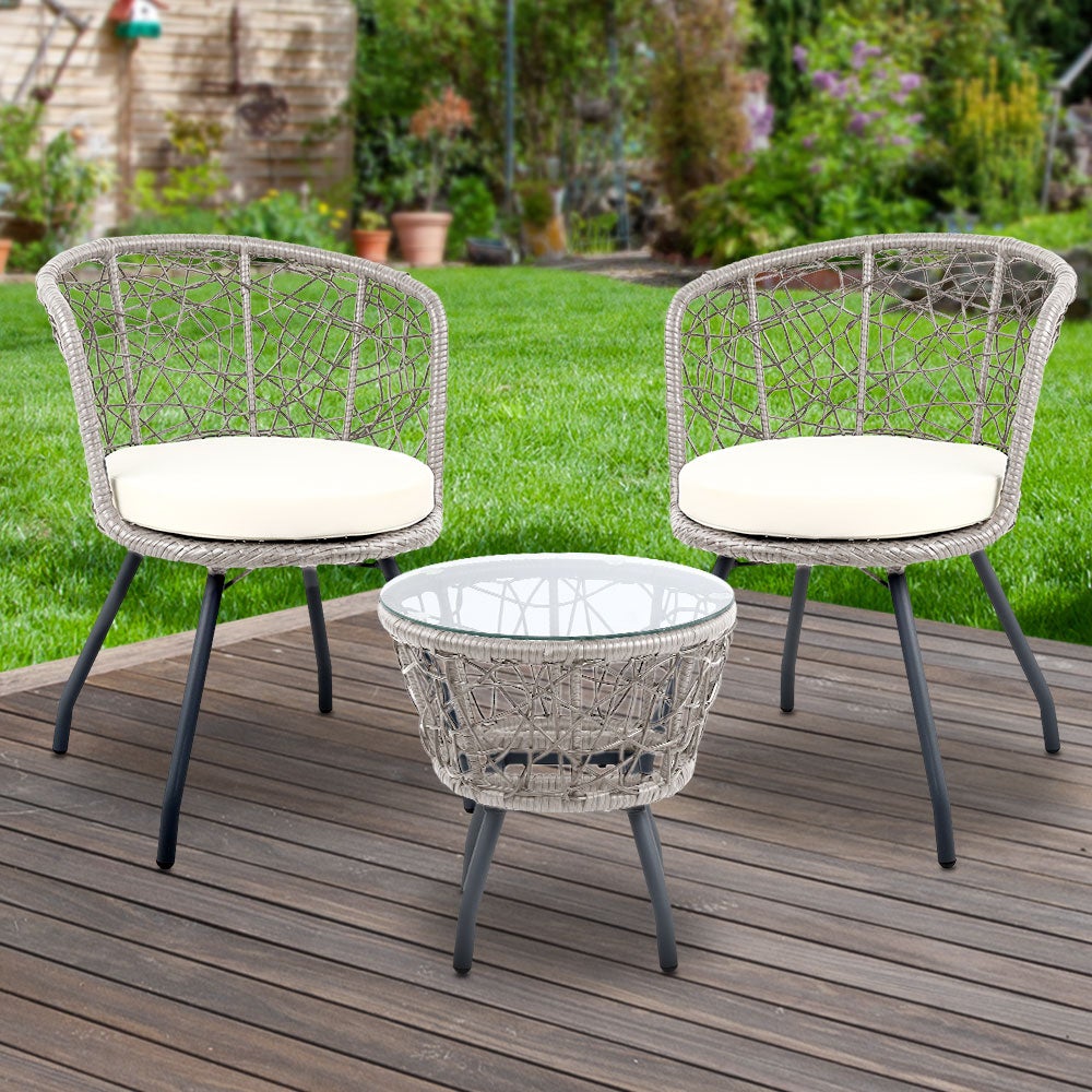 Gardeon Outdoor Patio Chair and Table set in Grey with high-density foam cushions and tempered glass top, perfect for outdoor relaxation.