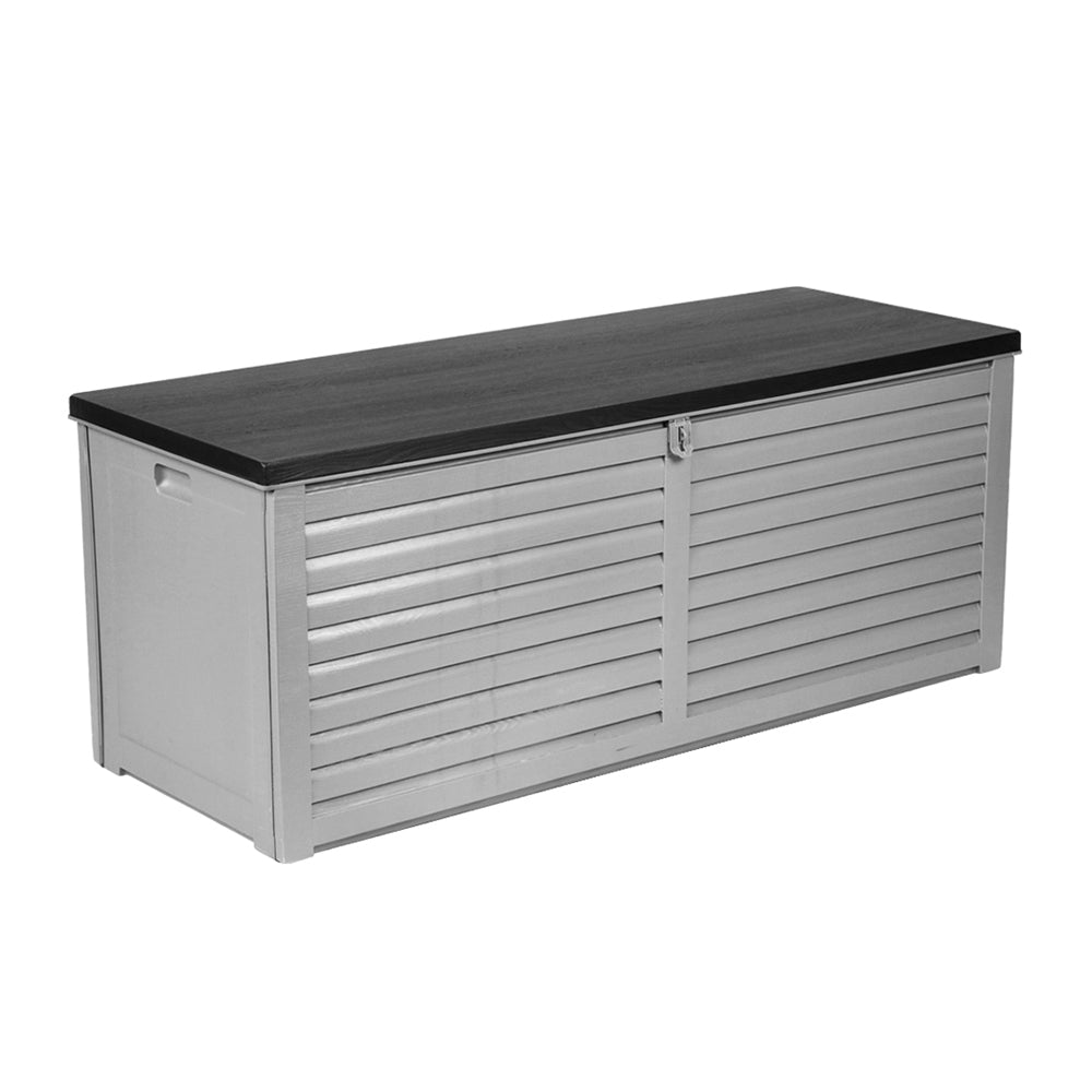 Gardeon Outdoor Storage Box Bench Seat 390L in dark grey, showcasing its spacious design and weather-resistant features.