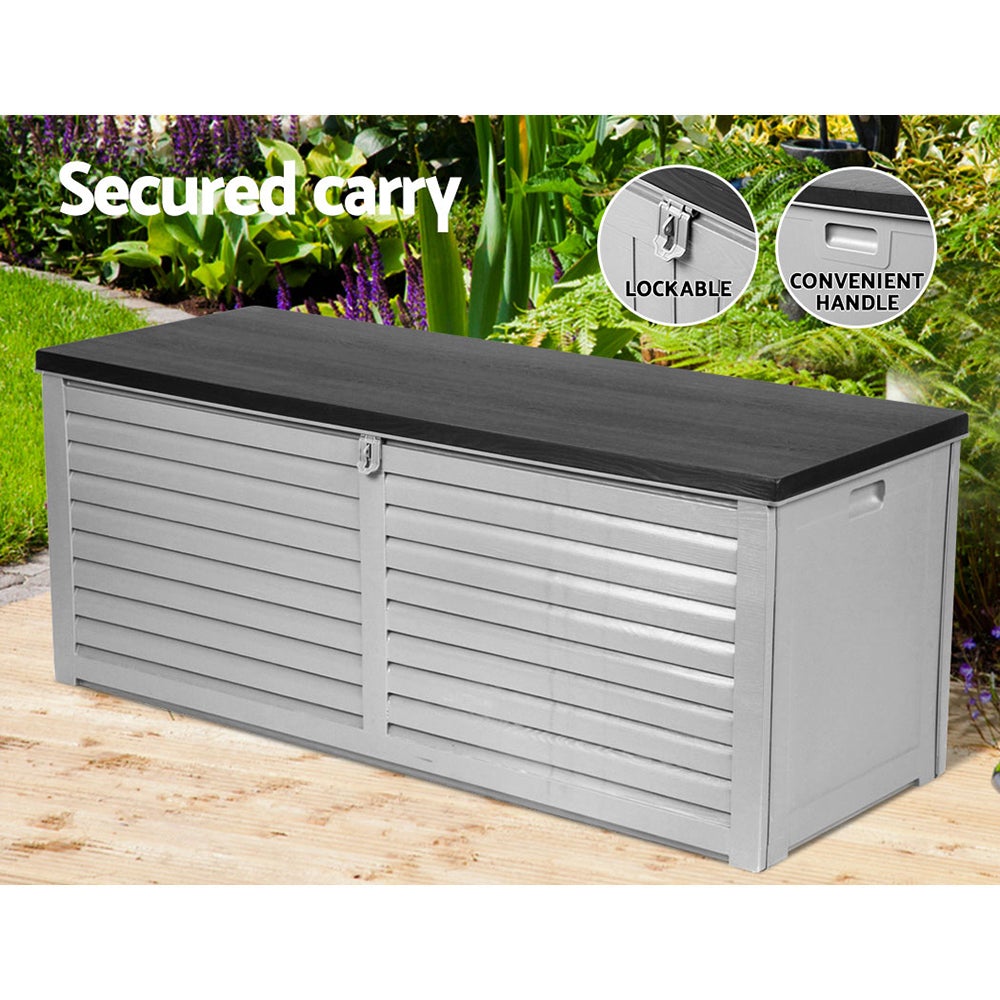 Gardeon Outdoor Storage Box Bench Seat 390L in dark grey, showcasing its spacious design and weather-resistant features.