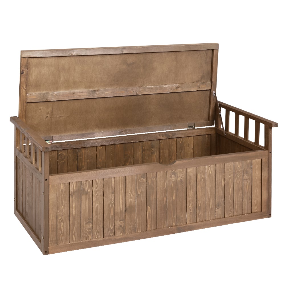 Gardeon Outdoor Storage Box Wooden Garden Bench with a natural finish, showcasing its slat design and sturdy construction in a garden setting.