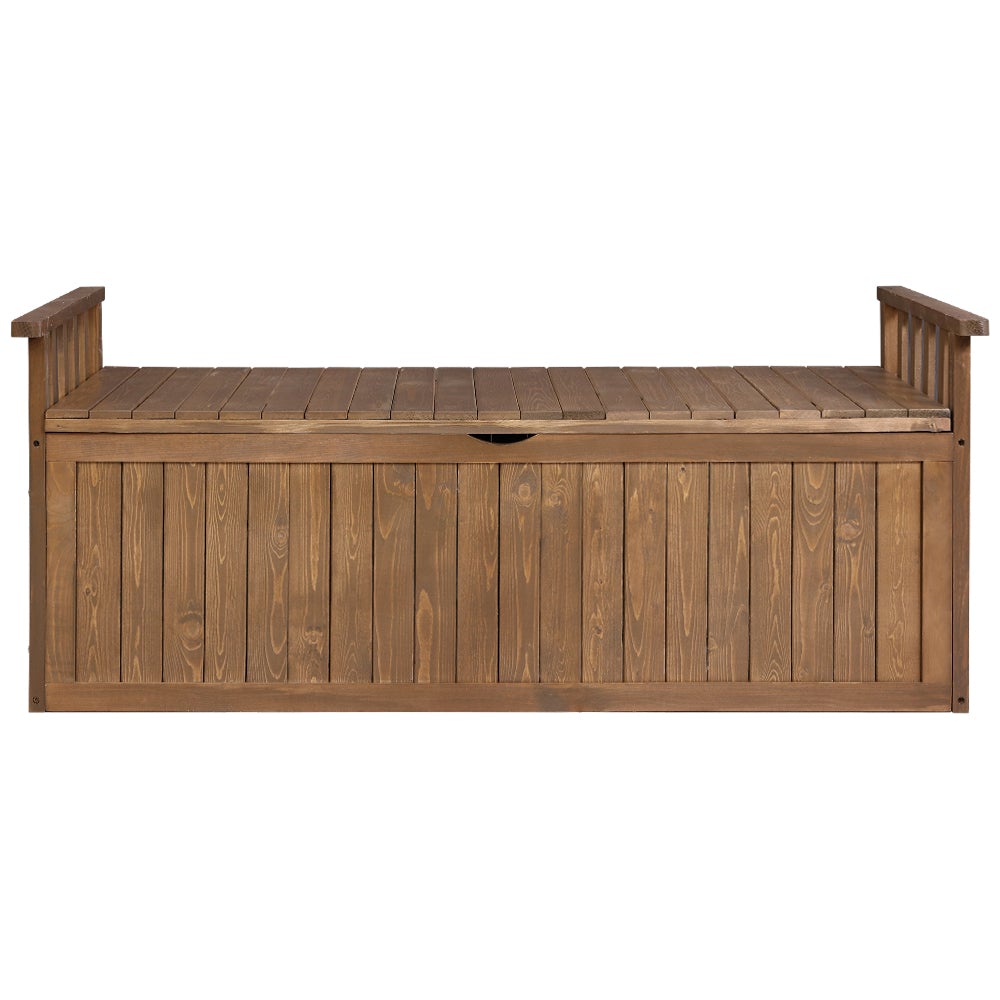 Gardeon Outdoor Storage Box Wooden Garden Bench with a natural finish, showcasing its slat design and sturdy construction in a garden setting.