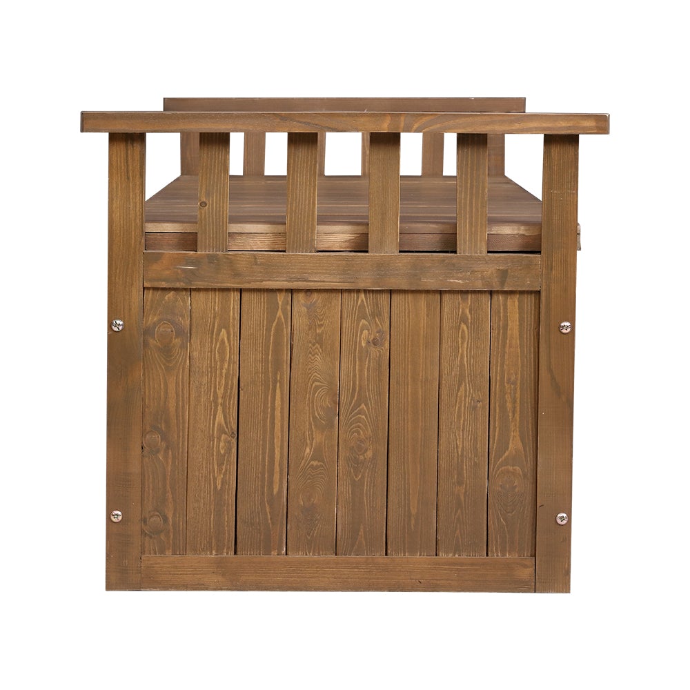 Gardeon Outdoor Storage Box Wooden Garden Bench with a natural finish, showcasing its slat design and sturdy construction in a garden setting.