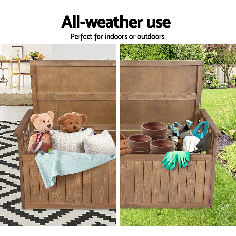 Gardeon Outdoor Storage Box Wooden Garden Bench with a natural finish, showcasing its slat design and sturdy construction in a garden setting.