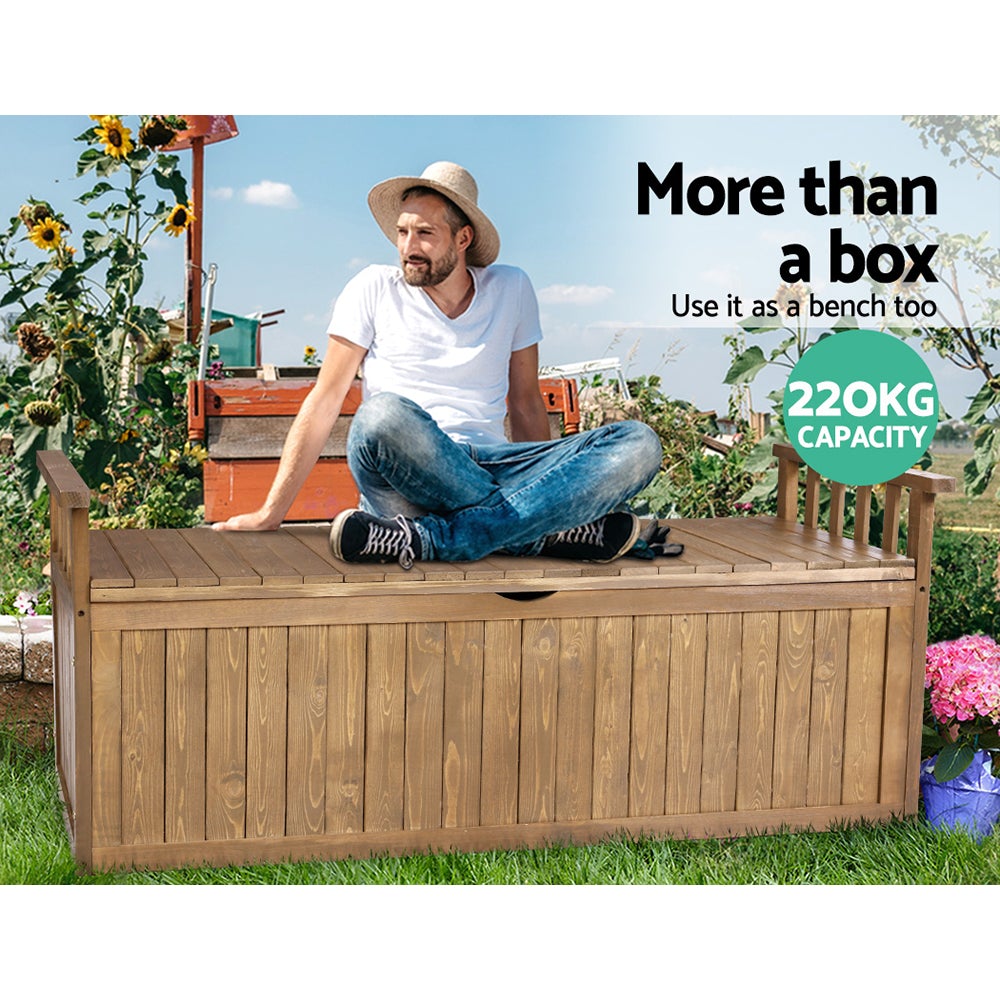 Gardeon Outdoor Storage Box Wooden Garden Bench with a natural finish, showcasing its slat design and sturdy construction in a garden setting.