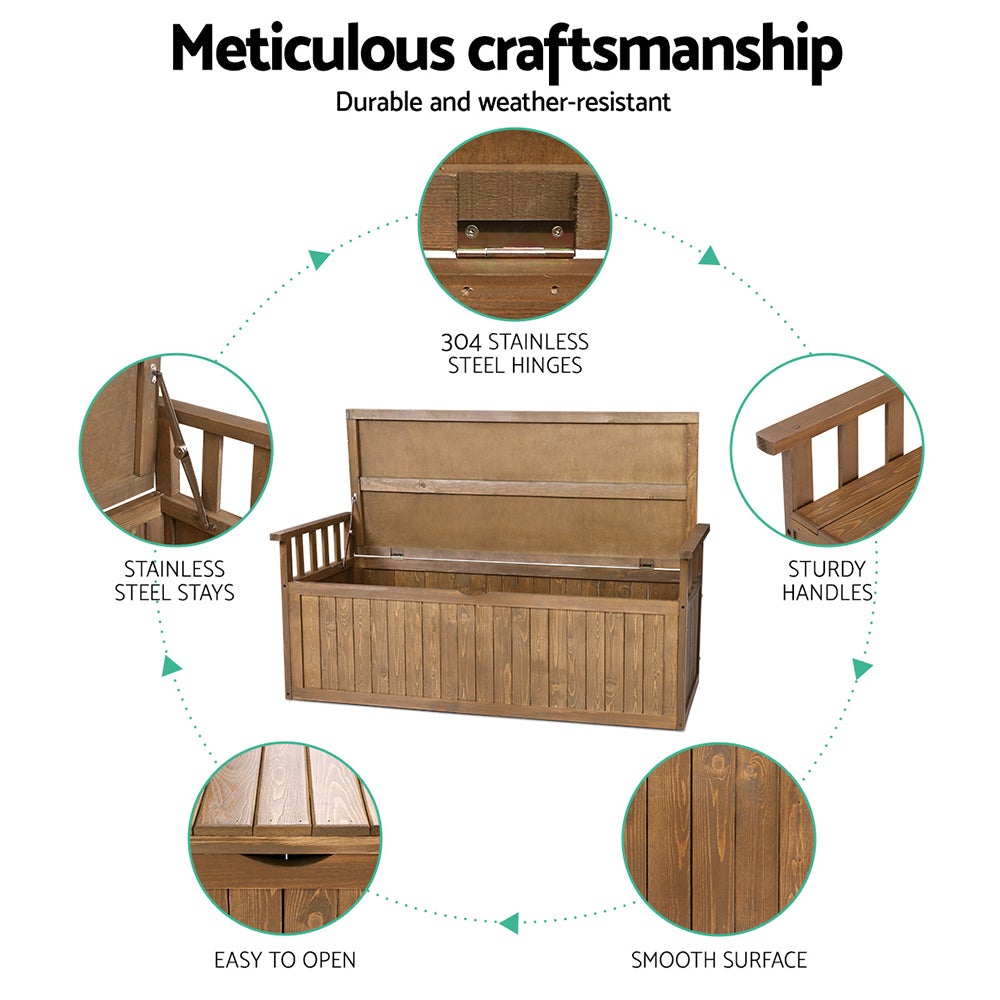 Gardeon Outdoor Storage Box Wooden Garden Bench with a natural finish, showcasing its slat design and sturdy construction in a garden setting.