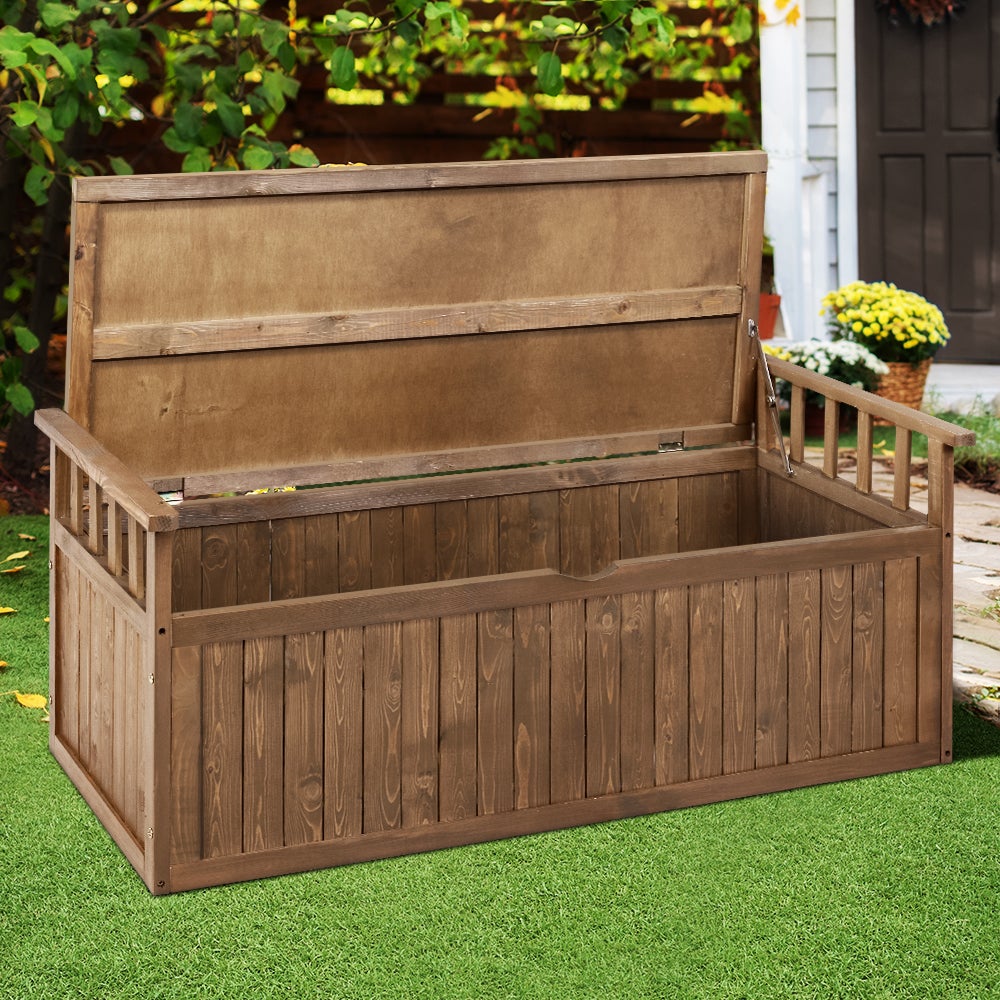 Gardeon Outdoor Storage Box Wooden Garden Bench with a natural finish, showcasing its slat design and sturdy construction in a garden setting.