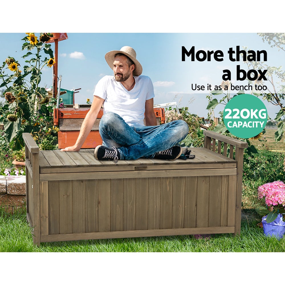 Gardeon Outdoor Storage Box Wooden Garden Bench Chest in a garden setting, showcasing its dual functionality as a bench and storage solution.