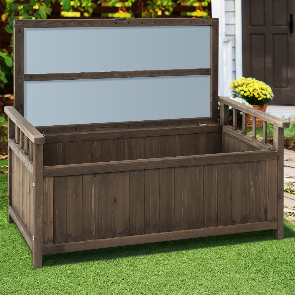 Gardeon Outdoor Storage Box Wooden Garden Bench Chest in a garden setting, showcasing its dual functionality as a bench and storage solution.