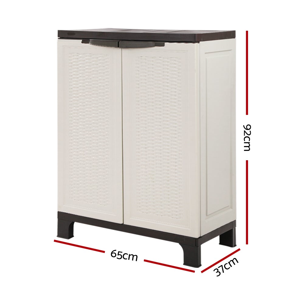 Gardeon Outdoor Storage Cabinet in a neutral color, featuring lockable doors and an adjustable shelf, designed for secure outdoor storage.