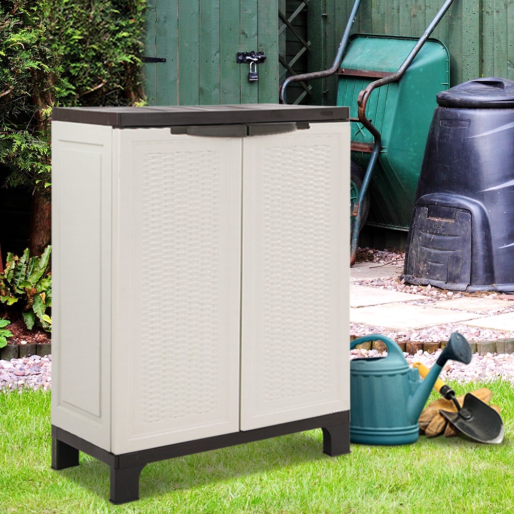 Gardeon Outdoor Storage Cabinet in a neutral color, featuring lockable doors and an adjustable shelf, designed for secure outdoor storage.