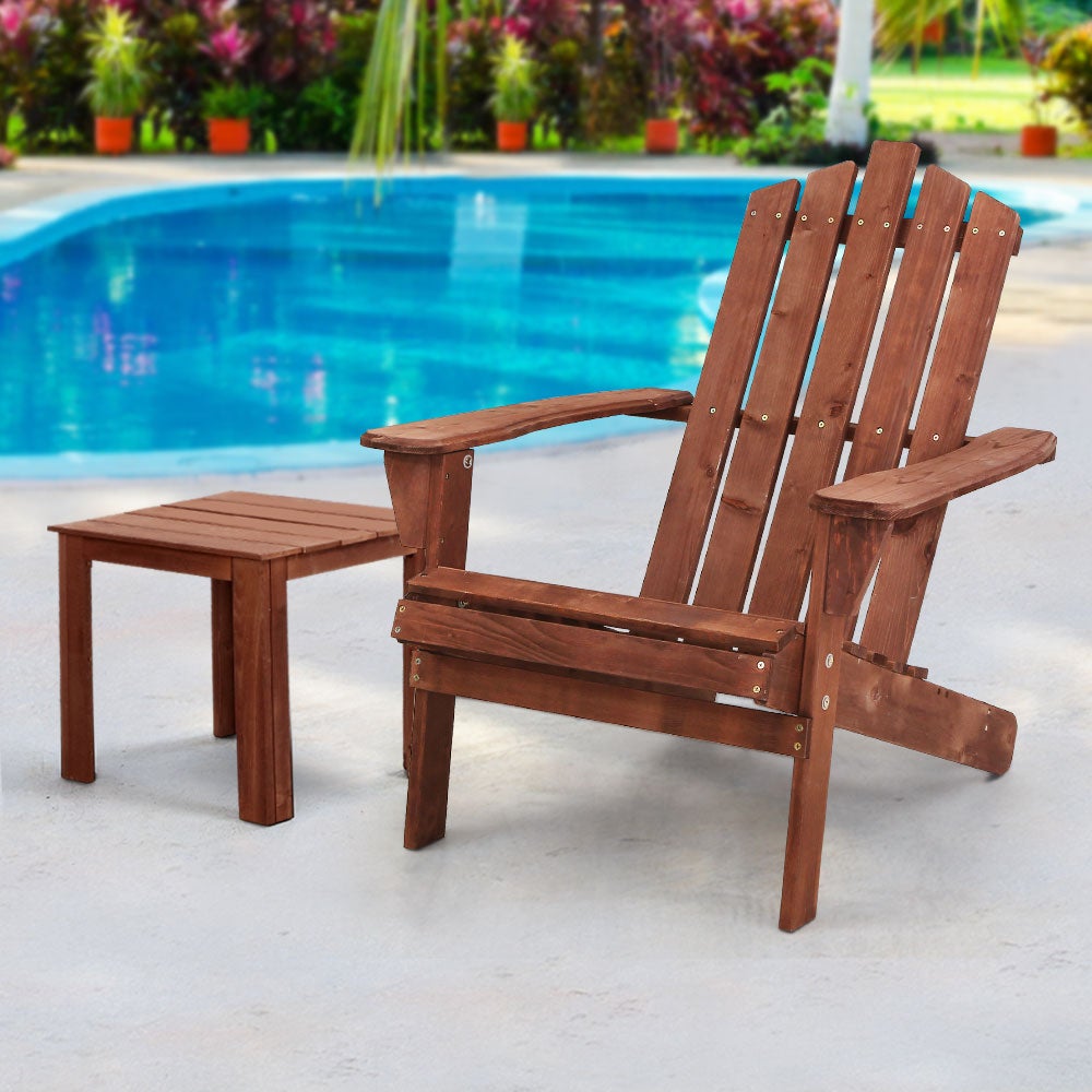 Gardeon Outdoor Sun Lounge Beach Chairs Table Setting featuring a sturdy Fir wood Adirondack chair and matching side table in a beautiful outdoor setting.