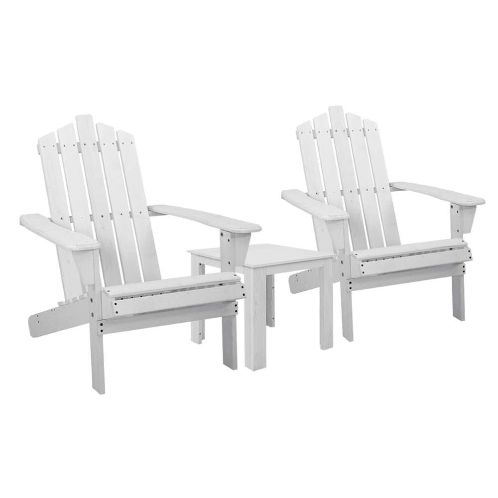 Gardeon Outdoor Sun Lounge Beach Chairs with matching side table, featuring classic Adirondack design in eco-friendly white finish.